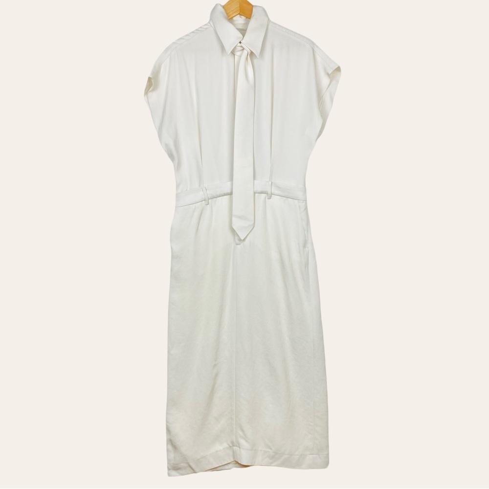 ZARA Limited Edition Tailored Layered Ecru Cream Corporate Midi Shirt Dress Tie - Picture 9 of 16
